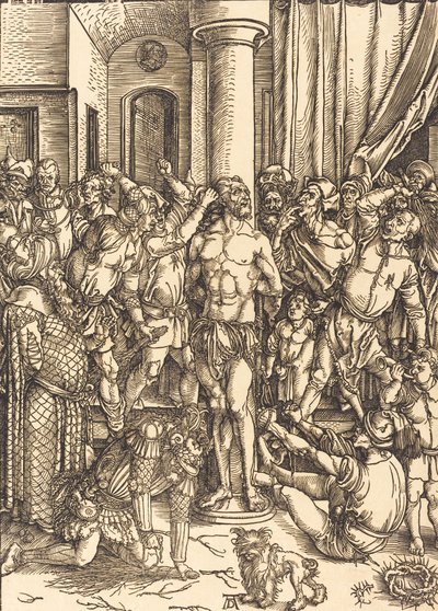 鞭打ち、c。 1497年。 作： Albrecht Dürer
