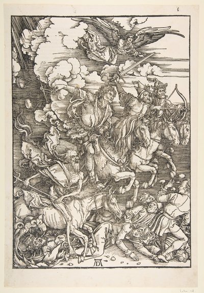 黙示録、ラテン語版、1511年頃の4人の騎手1511。 作： Albrecht Dürer