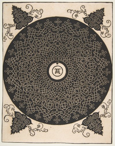 四つ目の結び目。 1528年以降、インターレースされたラウンデルとその中央に円形の円形浮彫り。 作： Albrecht Dürer