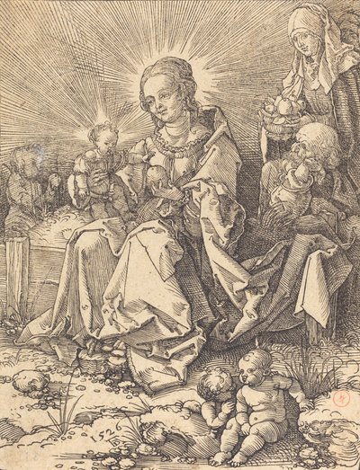 草が茂ったベンチの聖家族、1526年。 作： Albrecht Dürer