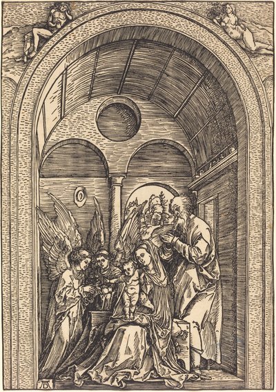 アーチ型天井のホールにいる 2 人の天使のいる聖家族 作： Albrecht Dürer