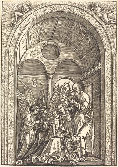 アーチ型天井のホールにいる 2 人の天使のいる聖家族 作： Albrecht Dürer