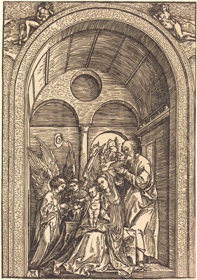 アーチ型天井のホールにいる 2 人の天使のいる聖家族 作： Albrecht Dürer