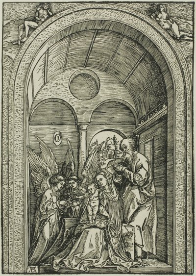 吹き抜けの広間にいる二人の天使と聖家族 作： Albrecht Dürer