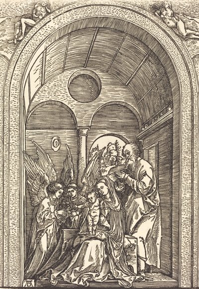 アーチ型のホールにいる 2 人の天使のいる聖家族、c. 1504年。 作： Albrecht Dürer