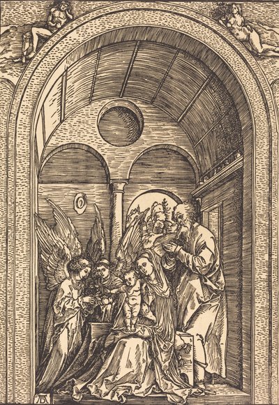 アーチ型のホールにいる 2 人の天使のいる聖家族、c. 1504年。 作： Albrecht Dürer