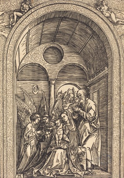 アーチ型のホールにいる 2 人の天使のいる聖家族、c. 1504年。 作： Albrecht Dürer