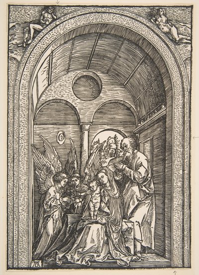 アーチ型のホールに2人の天使がいる聖家族1503。 作： Albrecht Dürer