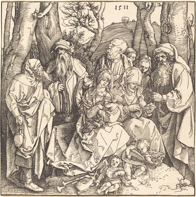 音楽を奏でる二人の天使がいる聖家族 作： Albrecht Dürer