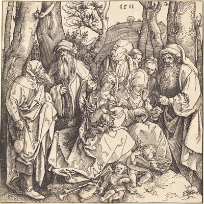 音楽を奏でる二人の天使がいる聖家族 作： Albrecht Dürer