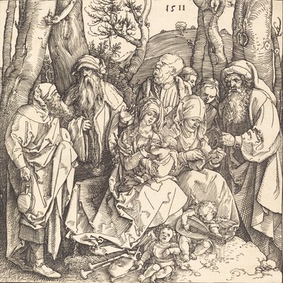 2 人の音楽を奏でる天使のいる聖家族、1511 年。 作： Albrecht Dürer