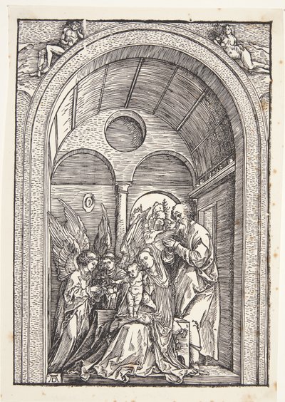 アーチ型のホールに 2 人の天使がいる聖家族 作： Albrecht Dürer