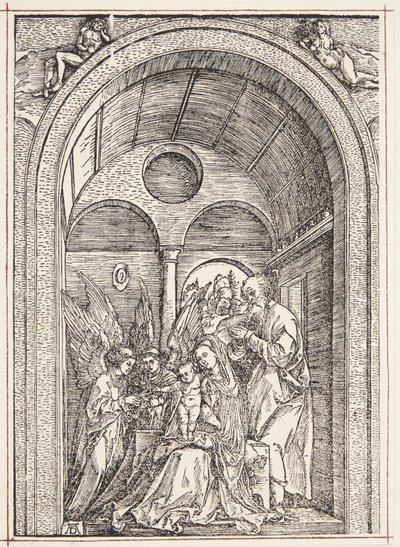 アーチ型のホールに 2 人の天使がいる聖家族 作： Albrecht Dürer