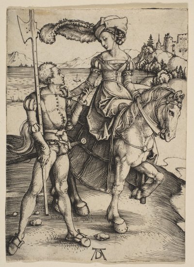 馬に乗った女性とランスケネ、ca。 1497。 作： Albrecht Dürer