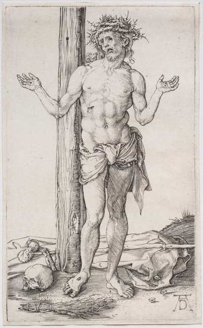 手を上げて、立っている悲しみの男c。 1500。 作： Albrecht Dürer