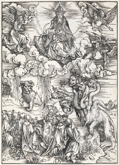 聖ヨハネの黙示録、1496-98からの7つの頭の獣と羊の角を持つ獣 作： Albrecht Dürer