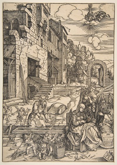 1511年以降の 『聖母の生涯』からのエジプトの聖家族の滞在。 作： Albrecht Dürer