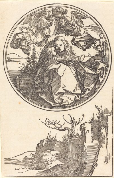 1515 年またはそれ以前の風景の上にある 2 人の天使によって戴冠された聖母。 作： Albrecht Dürer