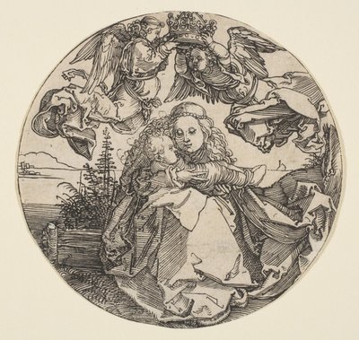 切り取られた風景の風景の上に2人の天使が戴冠した聖母子。 1504。 作： Albrecht Dürer