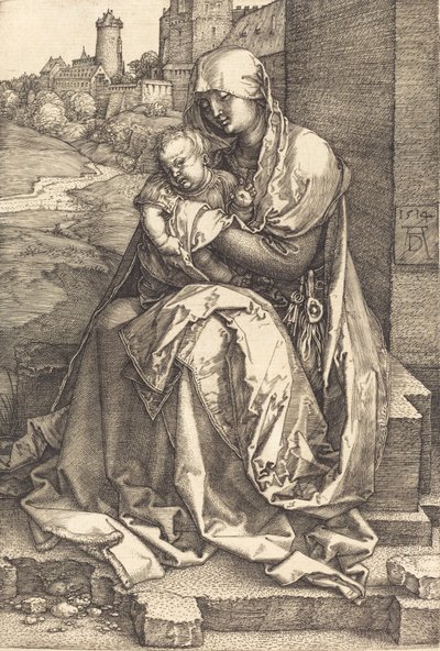 壁のそばに座る聖母子、1514年。 作： Albrecht Dürer