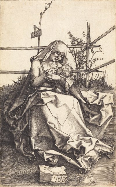 芝生のベンチの聖母子、1503年。 作： Albrecht Dürer