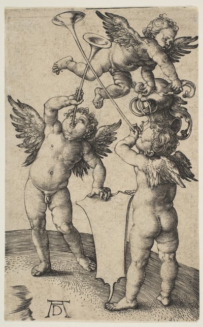 トランペットと3つのプッティ、ca。 1500。 作： Albrecht Dürer