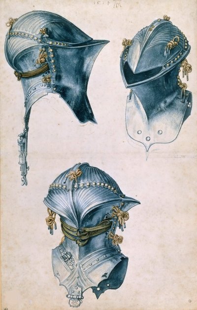 馬上槍試合のヘルメットの 3 つのビュー、c。 1500。 作： Albrecht Dürer