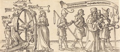 時間と運命の輪を右に回す狐、おそらく 1526 年。 作： Albrecht Dürer