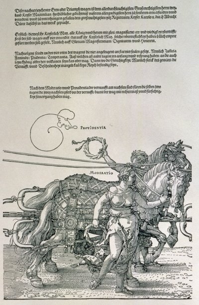 ドイツのマクシミリアン1世の勝利の戦車（1459-1519）：2つの美徳、プロビデンスと節度、パブによって導かれる馬チームの詳細。 1518年頃（木版画） 作： Albrecht Dürer