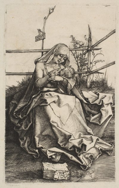 芝生のベンチの聖母子、1503年。 作： Albrecht Dürer