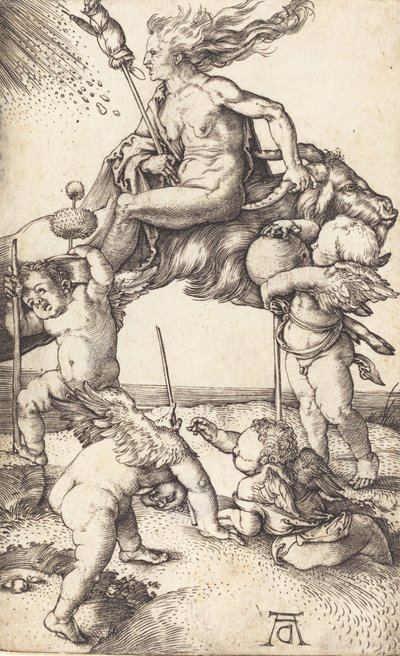 ヤギに乗る魔女、c。 15001501。 作： Albrecht Dürer