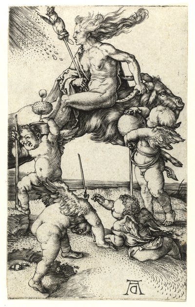 山羊に後ろ向きに乗る魔女、1505年頃 作： Albrecht Dürer
