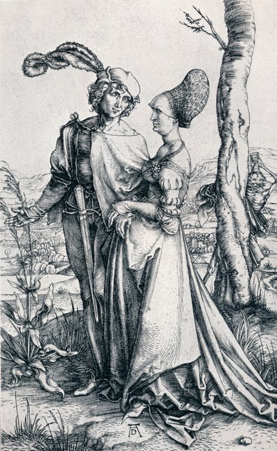 若いカップルは死に脅かされている」または「遊歩道、1495年、1906年」 作： Albrecht Dürer