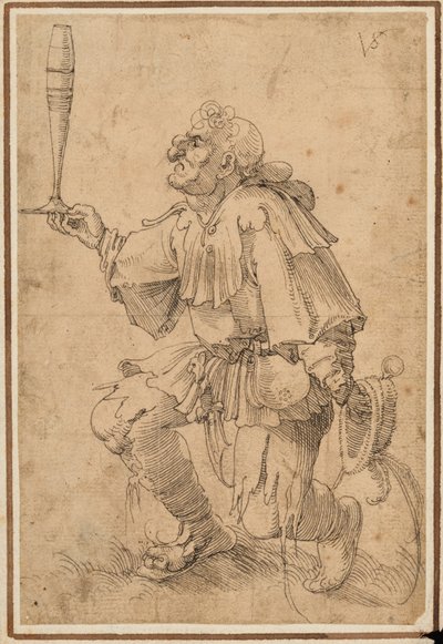 グロテスクな男がひざまずき、背の高いビールグラスを底に持っている 作： Albrecht Dürer