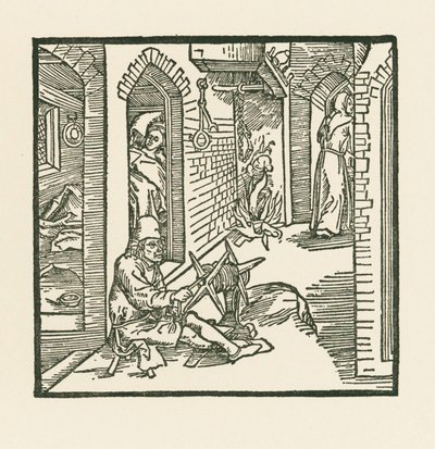 不貞の妻の部屋を出て行く僧侶を見た縄職人 作： Albrecht Dürer or Duerer