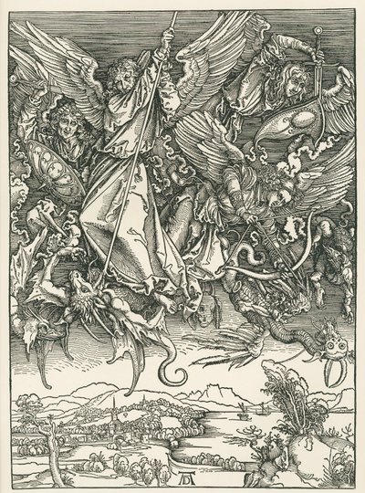 ドラゴンと戦う大天使ミカエル。聖ヨハネの黙示録 1498年頃（木版画） 作： アルブレヒト・デューラーまたはデューラー