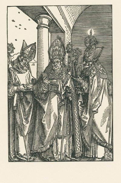 司教聖ニコラウス、聖人ウルリッヒとエラスムス、1505年頃（木版画） 作： アルブレヒト・デューラーまたはデューラー