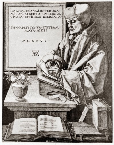 エラスムスが書き物をする様子-20世紀初頭に複製されたアルブレヒト・デューラーの版画。 作： Albrecht Dürer