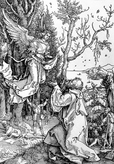 「聖母の生涯」シリーズのヨアヒムと天使、パブ。 1511（木版） 作： Albrecht Dürer