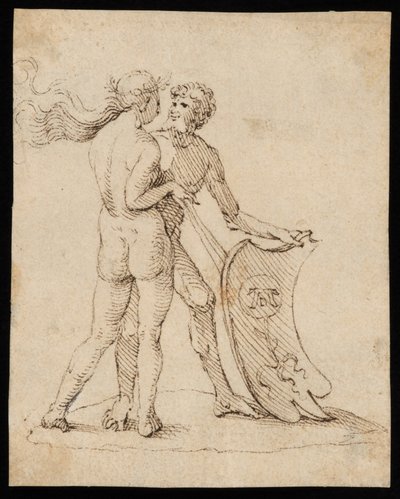 ウィリバルド・ピルクハイマーの紋章をあしらった盾を持つ裸の女性と男性 作： Albrecht Dürer