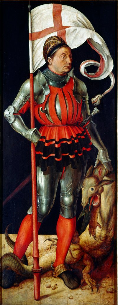 パウムガルトナー祭壇画：「聖ゲオルギウス」 アルブレヒト・デューラー（1471-1528）の絵画 1502-1504年 薄暗い。157x61 cm アルテ・ピナコテーク、ミュンヘン 作： Albrecht Dürer