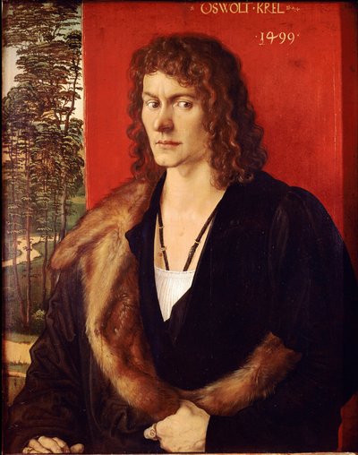 オズヴォルト・クレルの肖像 アルブレヒト・デューラー（1471-1528）の絵画 1499年 薄暗い。50x39 cm ミュンヘン、アルテ・ピナコテーク 作： Albrecht Dürer