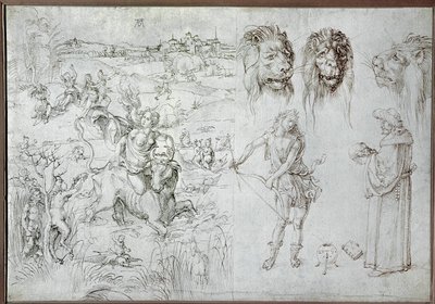 エウロパの強姦、ライオンの頭、射手、賢者、頭蓋骨（デッサン） 作： Albrecht Dürer or Duerer