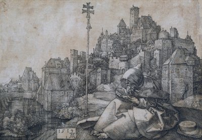 街の前に座る聖アントニウス - アルブレヒト・デューラーによる銅版画 (1471-1528) 作： Albrecht Dürer