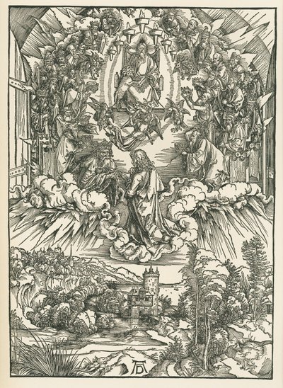 神と天国の24人の長老の前の聖ヨハネ。聖ヨハネの黙示録 1496年頃（木版画） 作： アルブレヒト・デューラーまたはデューラー