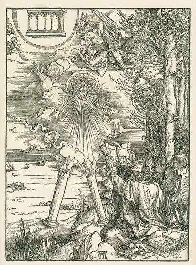 天使から贈られた書物を貪る聖ヨハネ。聖ヨハネの黙示録 1498年頃（木版画） 作： アルブレヒト・デューラーまたはデューラー