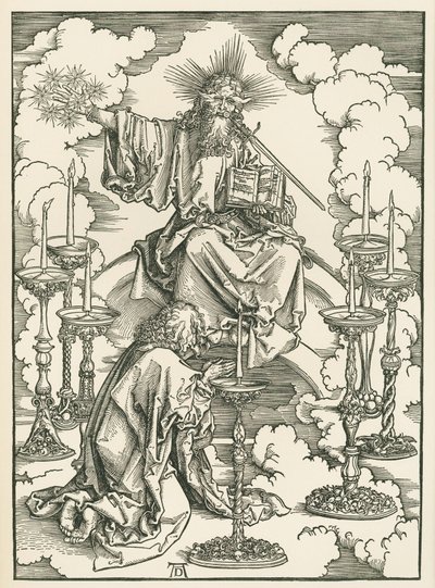 聖ヨハネが見たキリストと七つの燭台。聖ヨハネの黙示録 1496-98年頃（木版画） 作： アルブレヒト・デューラーまたはデューラー