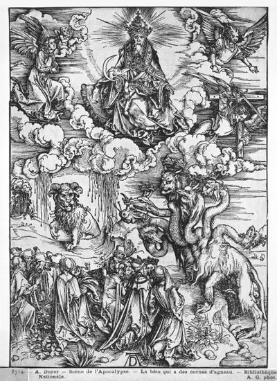 黙示録のシーン、七頭十角竜（木版画）（白黒写真） 作： Albrecht Dürer