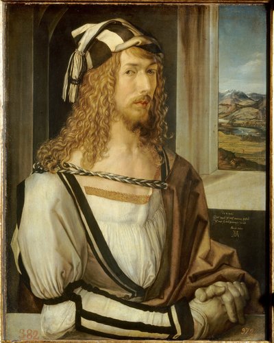 アルブレヒト・デューラー（1471-1528）による自画像の絵画 1498年日。0,52x0,41m。マドリード・プラド美術館 作： Albrecht Dürer