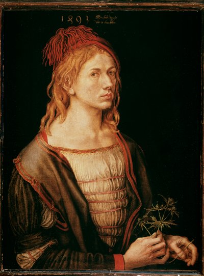 アザミを持つ自画像（絵画、キャンバスに羊皮紙糊 作： Albrecht Dürer